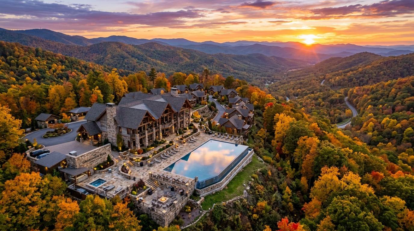 Aerial drone view of East Tennessee river valley and forest canopy.