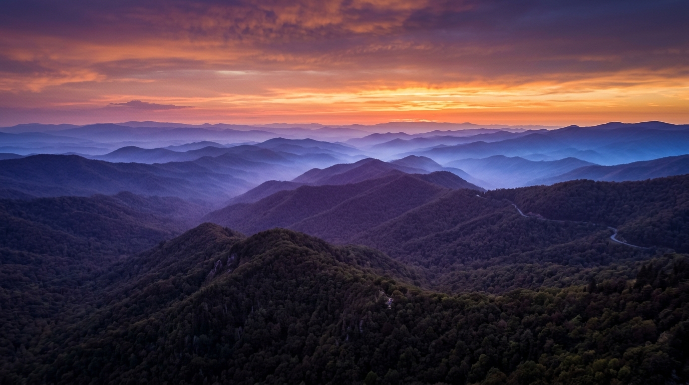 Golden hour sunset aerial vista overlooking East Tennessee horizon.