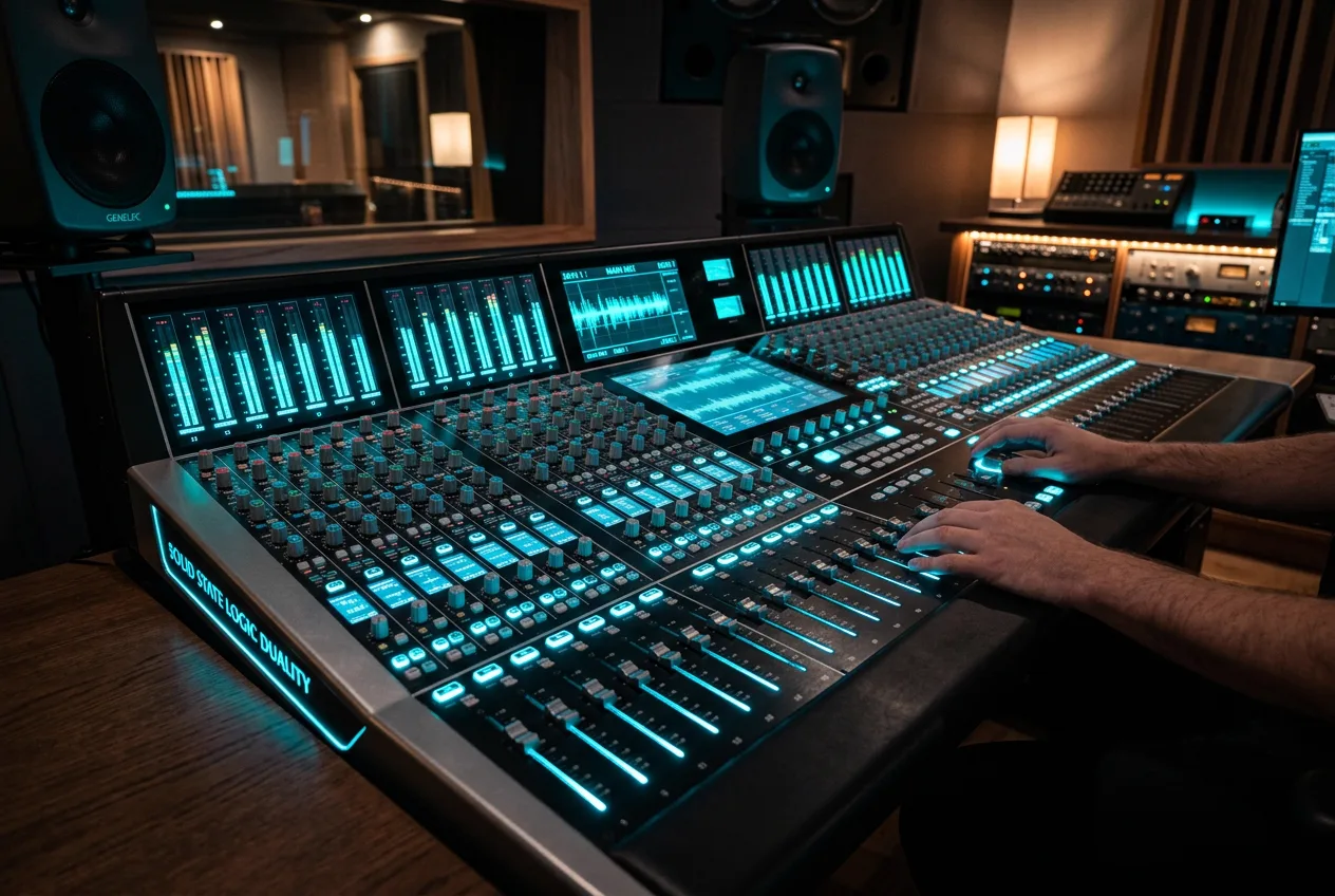 Professional studio console closeup focusing on analog faders and preamp hardware.